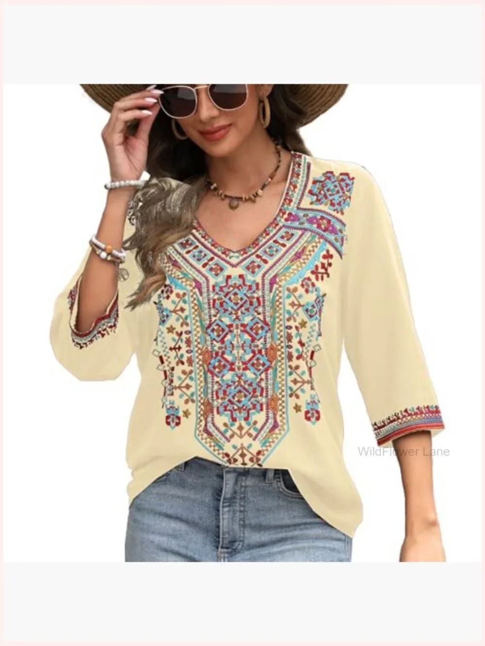 Boho Embroidered V-Neck Tunic Blouse Peasant Hippie Top - Picture 3 of 6